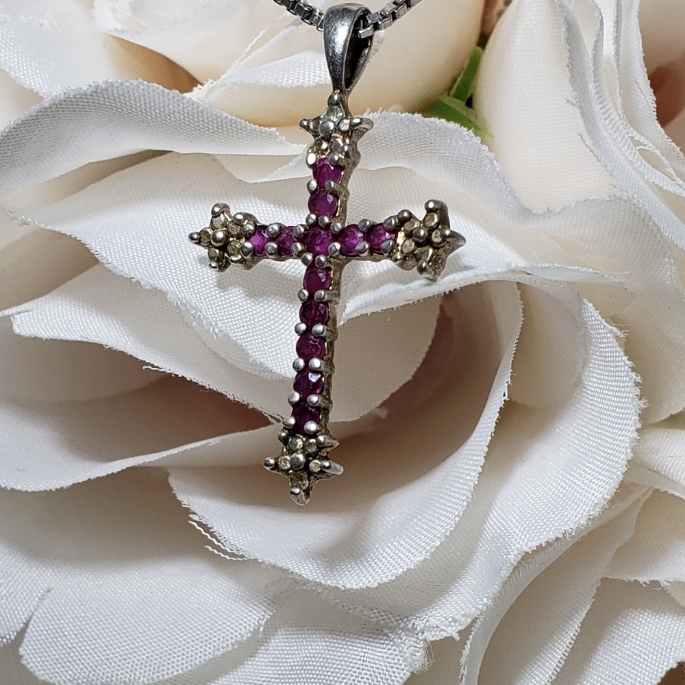 Ruby Cross Sterling Silver Stamped 925 Pendant - image 5